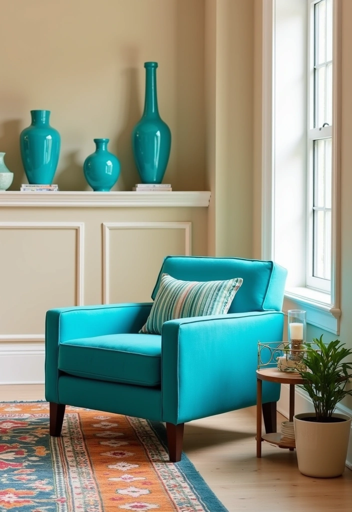 12 Vibrant Spring Color Ideas for Your Living Room That Will Brighten Your Day! - 5. Bold Turquoise Accents