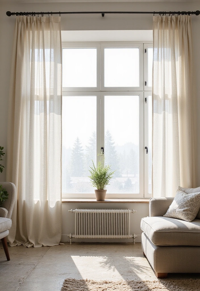 14 Minimalist Spring Decor Ideas for a Clean Living Room (Perfect for Spring Cleaning!) - 5. Light and Airy Curtains