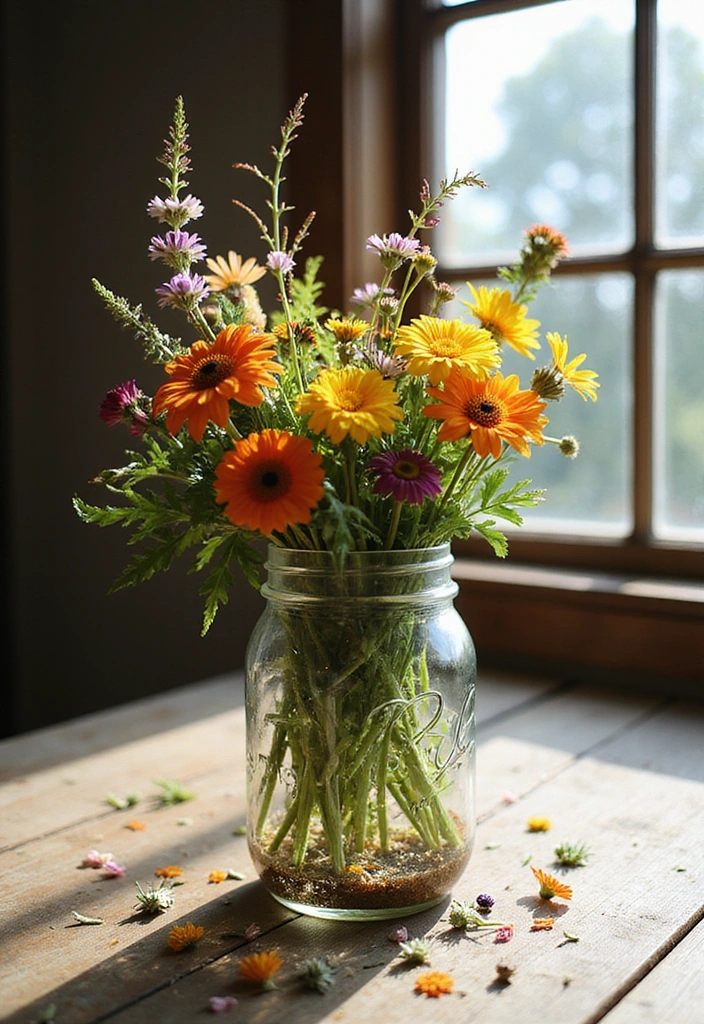18 DIY Floral Arrangements That Will Bring Spring Indoors (You’ll Love #7!) - 1. Wildflower Meadow in a Jar