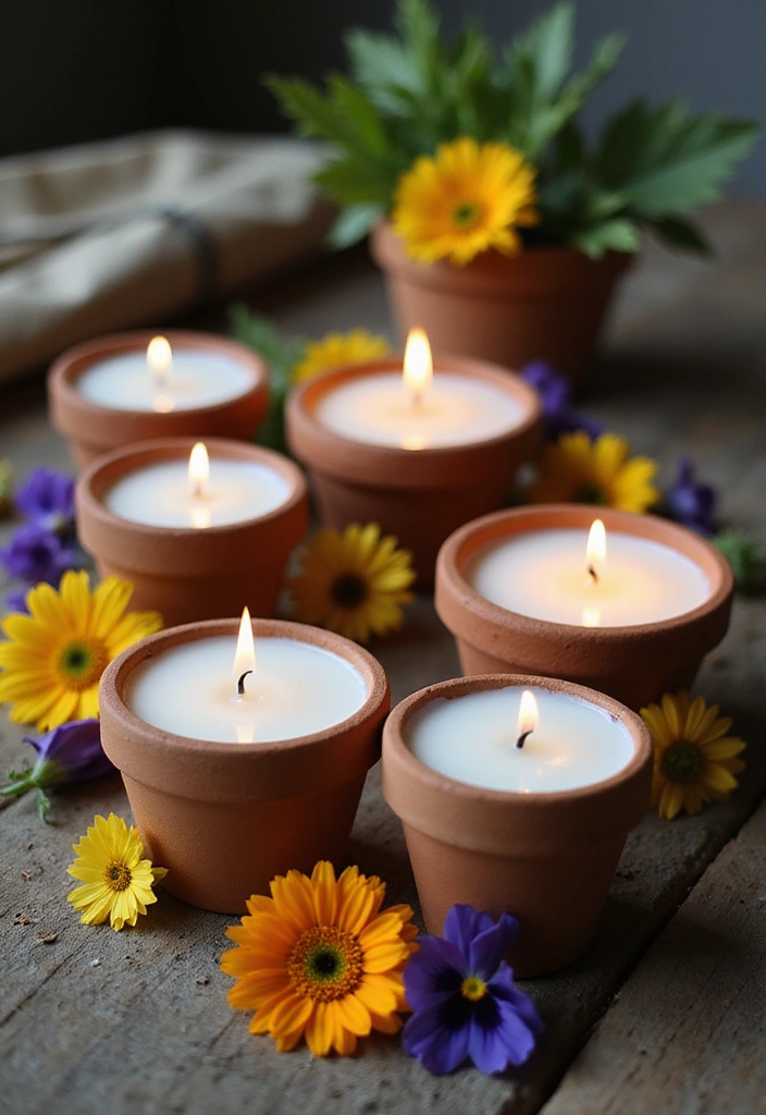 18 DIY Floral Arrangements That Will Bring Spring Indoors (You’ll Love #7!) - 11. Flower Pot Candles