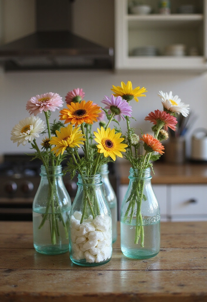 18 DIY Floral Arrangements That Will Bring Spring Indoors (You’ll Love #7!) - 8. Floral Milk Bottle Vases