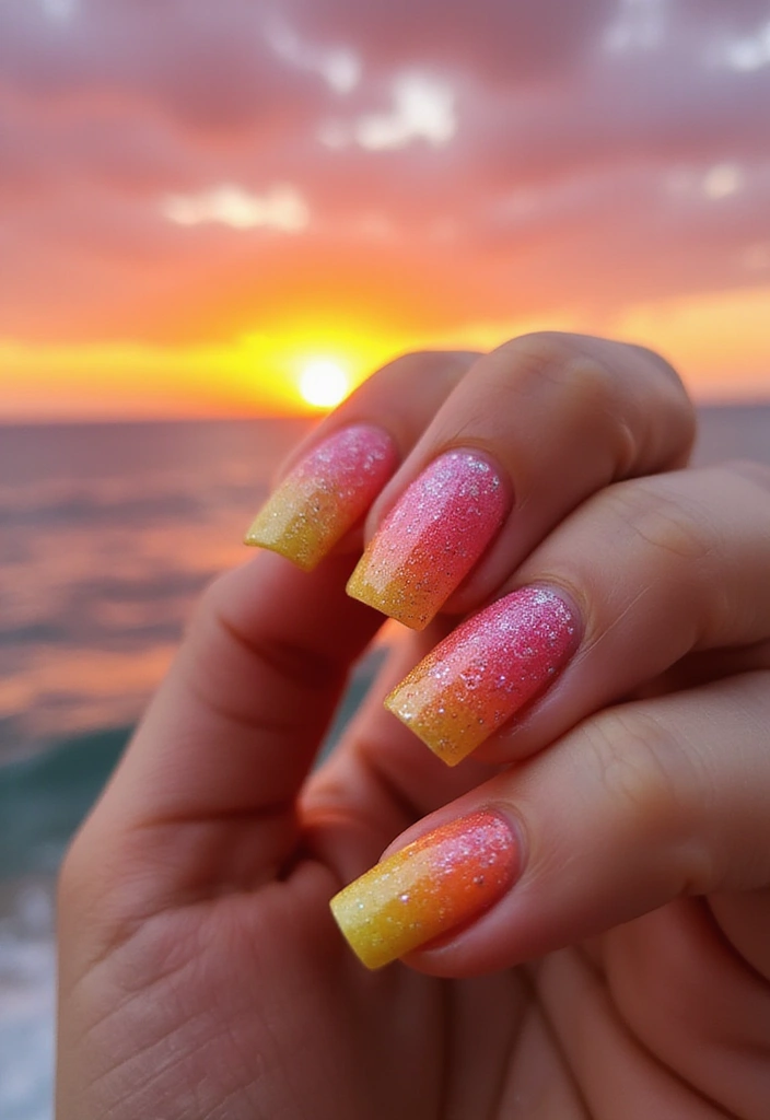20 Beach-Inspired Nails Ideas That'll Make You Feel Like You're on Vacation! - 8. Sunset Gradient with Glitter