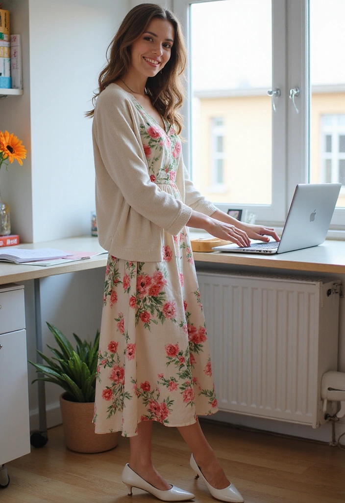 12 Stylish Spring Office Outfits That'll Get You Noticed at Work! - 2. Floral Midi Dress with a Cardigan