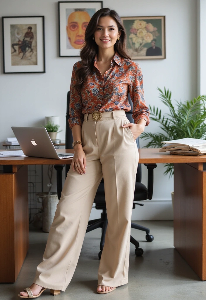 12 Stylish Spring Office Outfits That'll Get You Noticed at Work! - 5. Tailored Wide-Leg Trousers with a Printed Blouse