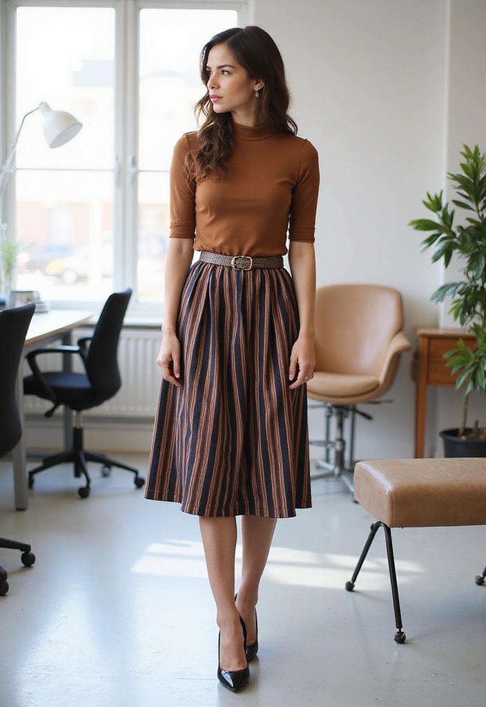 12 Stylish Spring Office Outfits That'll Get You Noticed at Work! - 7. Striped Midi Skirt with a Solid Top