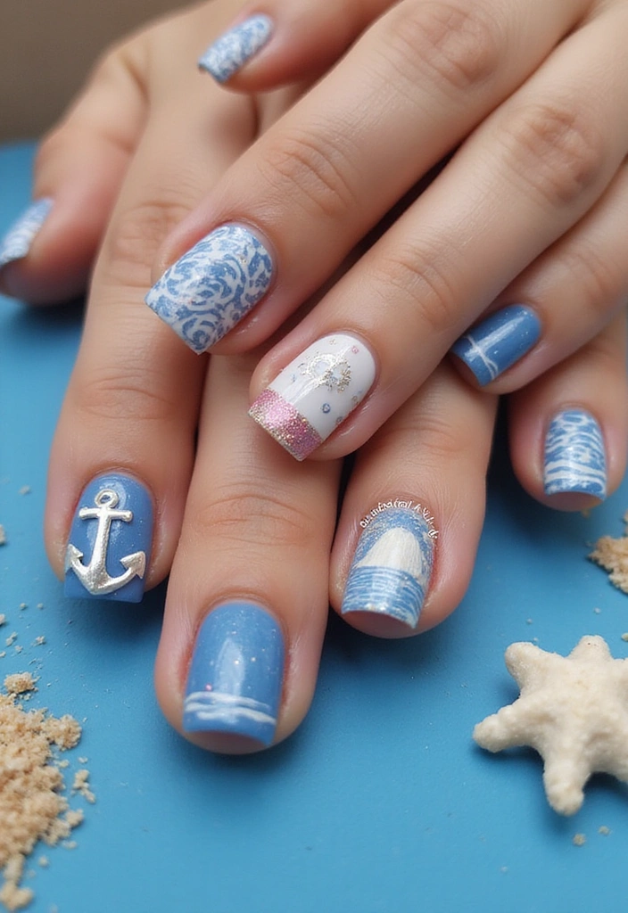 18 Bright Summer Nails That Will Bring the Sunshine to Your Fingertips! - Ocean Breeze: Nautical Nail Art