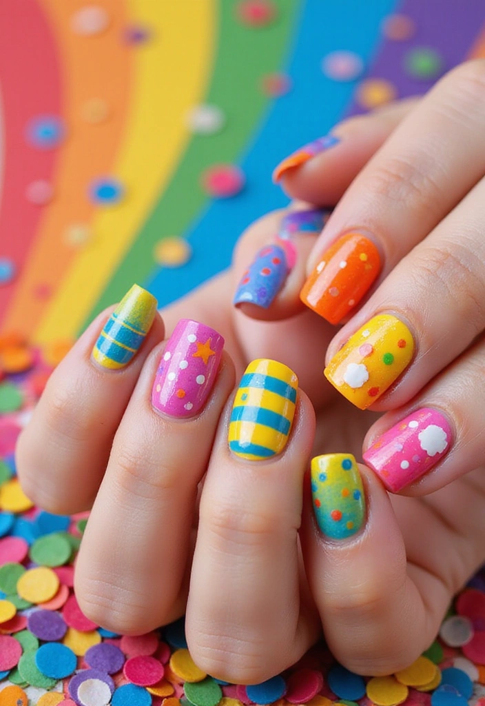18 Bright Summer Nails That Will Bring the Sunshine to Your Fingertips! - Rainbow Brights: Multi-Colored Magic